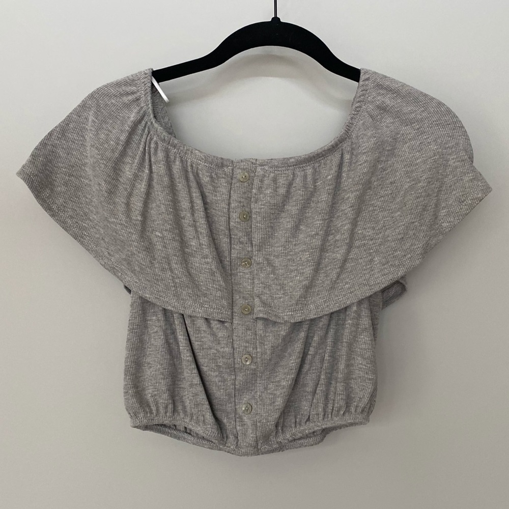 Gray Crop-Top with Buttons, Ruffle Top, & Elastic